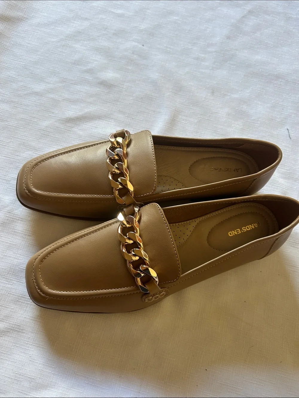 Lands' End Tan Loafers with Gold Chain Trim